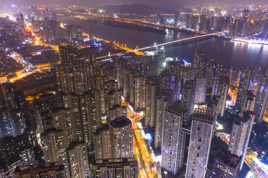 航拍湖南长沙城市夜景风光