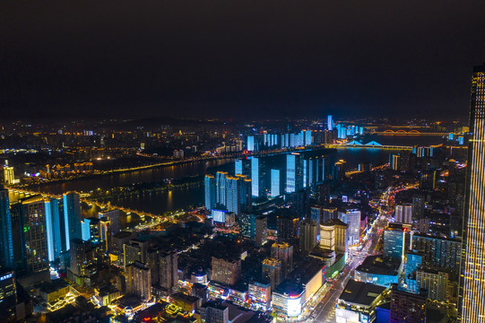 航拍湖南长沙城市夜景风光