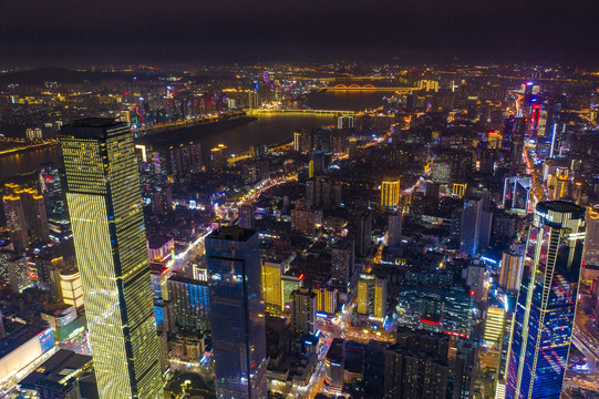 航拍湖南长沙城市夜景风光