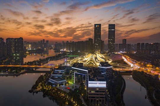 航拍湖南长沙梅溪湖夜景