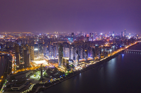 航拍长沙北辰三角洲夜景