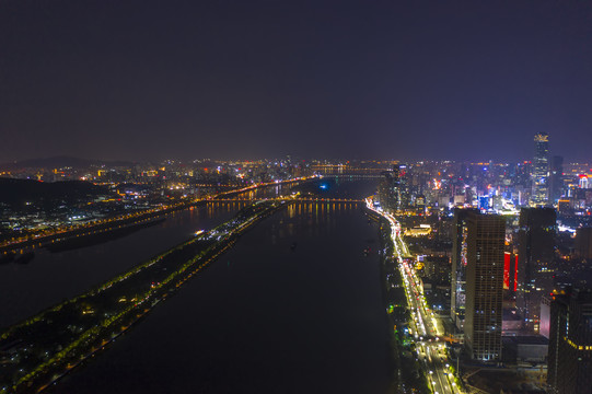 航拍长沙浏阳河夜景风光