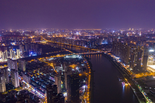 航拍湖南长沙湘江风光带夜景