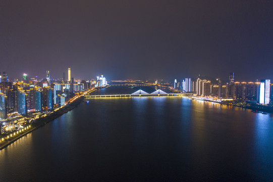 航拍湖南长沙湘江风光带夜景