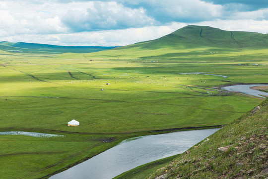 夏季光影草原河流蒙古包