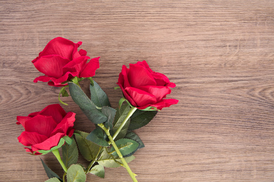 桌子上三束红色的玫瑰花