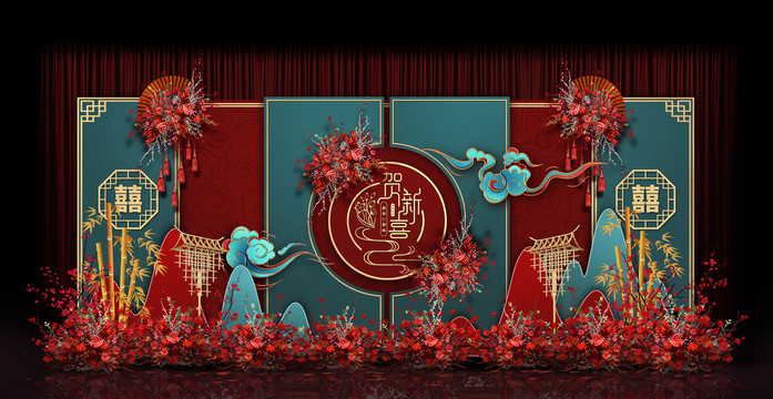 红蓝新中式婚礼手绘效果图