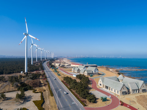 山东威海千里海岸风力发电风景