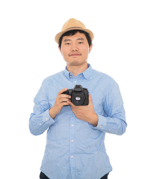 中国摄影师手拿照相机