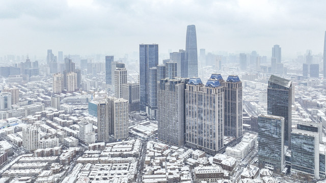 瑞雪中的天津城市美景航拍