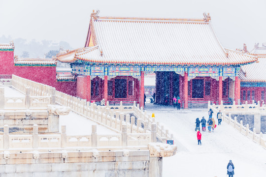 故宫古建筑屋顶雪景