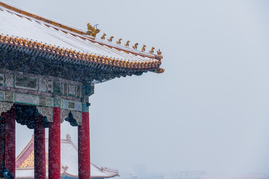 故宫古建筑屋顶雪景