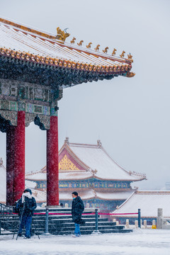 故宫古建筑屋顶雪景