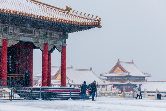 故宫古建筑屋顶雪景