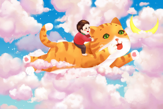 骑着猫飞向云端的儿童卡通素材
