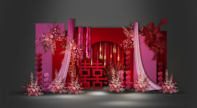 玫红色红色中式婚礼外区设计