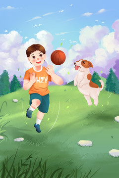 男孩与狗玩耍打球