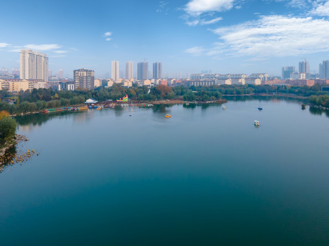 航拍济宁城市中心风光全景