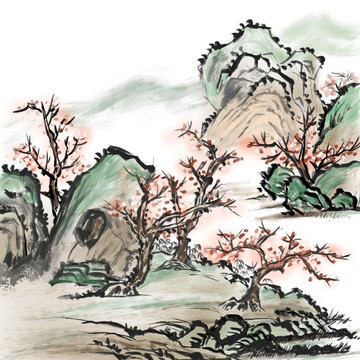 中国画山水梅花树背景