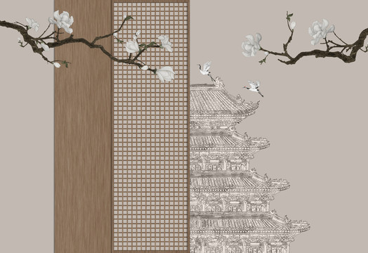 中式花鸟阁楼背景墙
