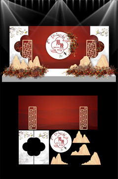 红色新中式婚礼KT板布置