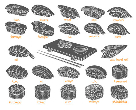 多款黑白手绘握寿司插图
