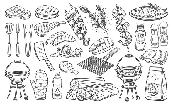 黑色线描烤肉工具食材插图