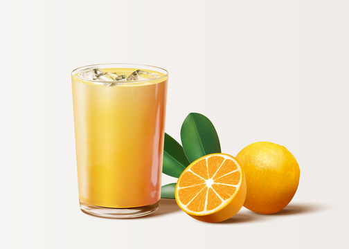 玻璃杯橙汁与橙子写实元素