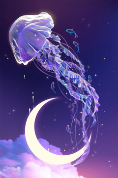 三维透明梦幻飘逸水母 紫色夜空背景