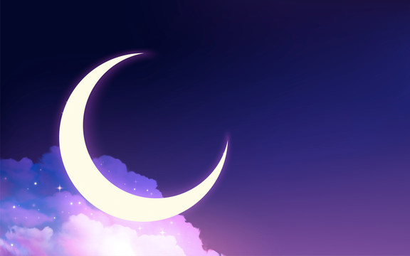 梦幻紫色夜空中的娥眉月与发光云海背景