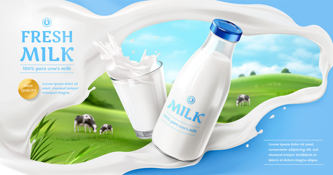 新鲜玻璃瓶牛奶横幅广告 牧场乳牛模糊背景
