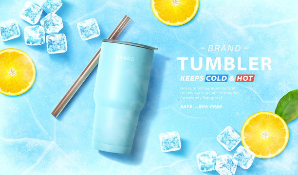 蓝色冰霸杯俯视广告 冰块与柠檬冰面背景