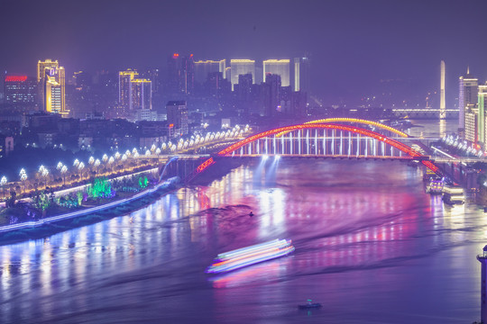 宜宾三江汇流桥梁夜景城市景观