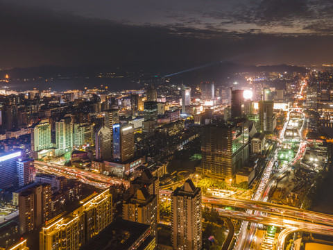 航拍杭州老城运河沿岸建筑夜景