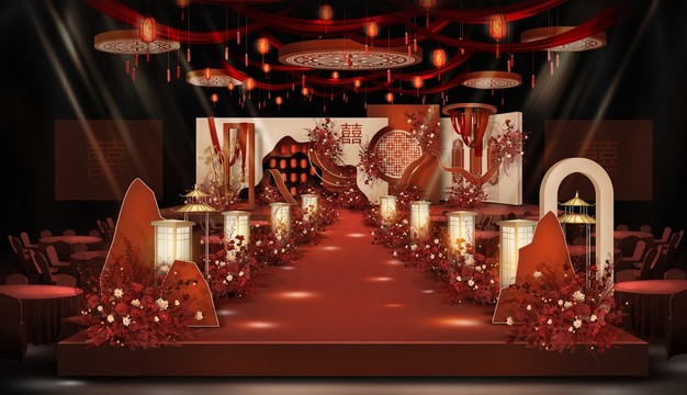 香槟红色新中式婚礼舞台设计