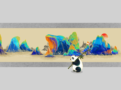 中国风熊猫山水