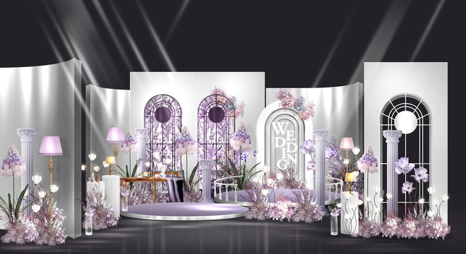 高端白紫色婚礼迎宾区