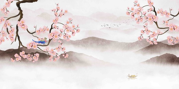 新中式花鸟山水壁画