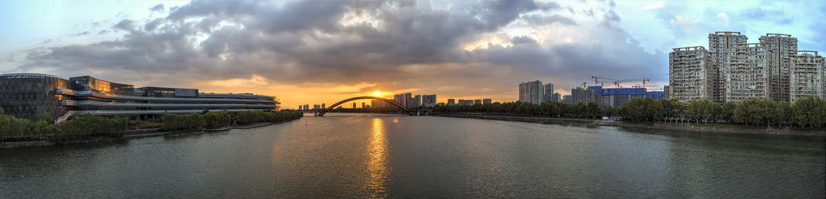 金华婺江双龙大桥夕阳晚霞全景