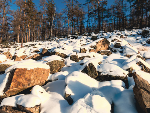 石头白雪蓝天冬季森林