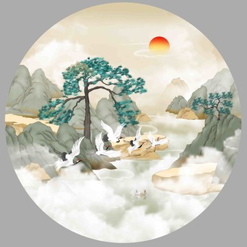 新中式松鹤水墨山水画