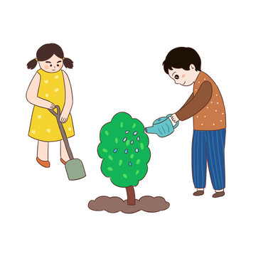 植树节浇树手绘卡通元素