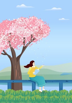 樱花树下长发女孩看书踏春郊游