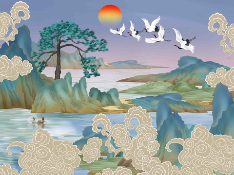 新中式国潮山水壁画