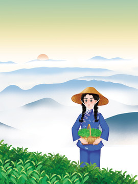 中国风山水背景采茶女插画