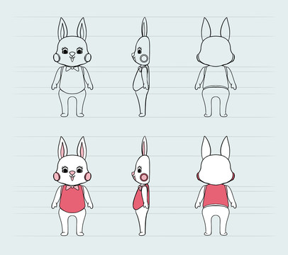 可爱兔子冰箱贴三视图插画