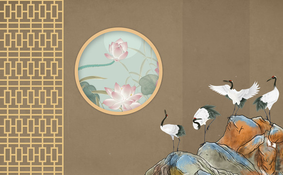 中式窗花背景墙仙鹤花鸟