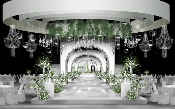 韩式白绿色婚礼舞台