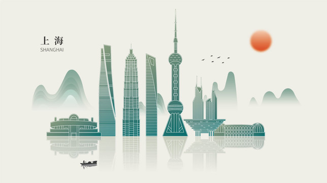 上海地标建筑剪影线稿矢量背景