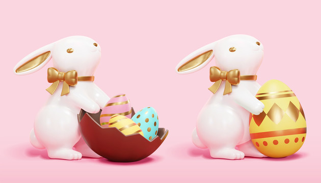 可爱复活节兔子与巧克力彩蛋三维元素